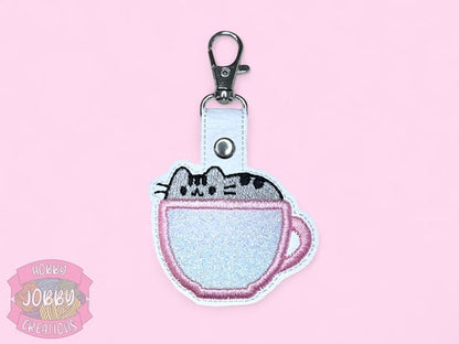 Kitty in Teacup Embroidered Keychain (Blue)