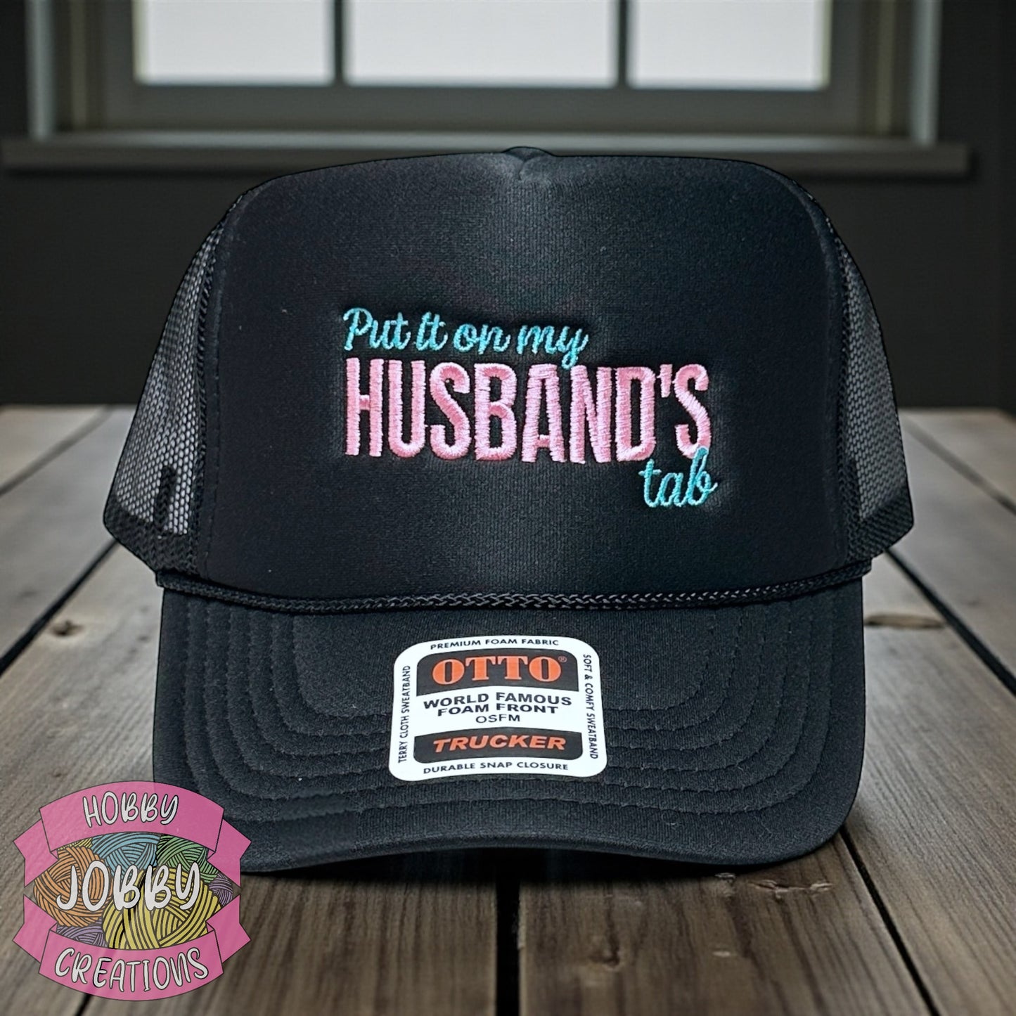 Husband's Tab Hat (Black w/ Teal & Pink)
