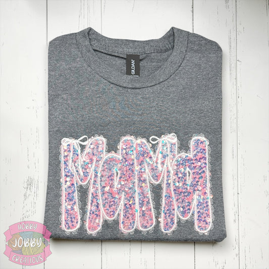 MaMa Bows Sequin Applique Embroidered T-Shirt