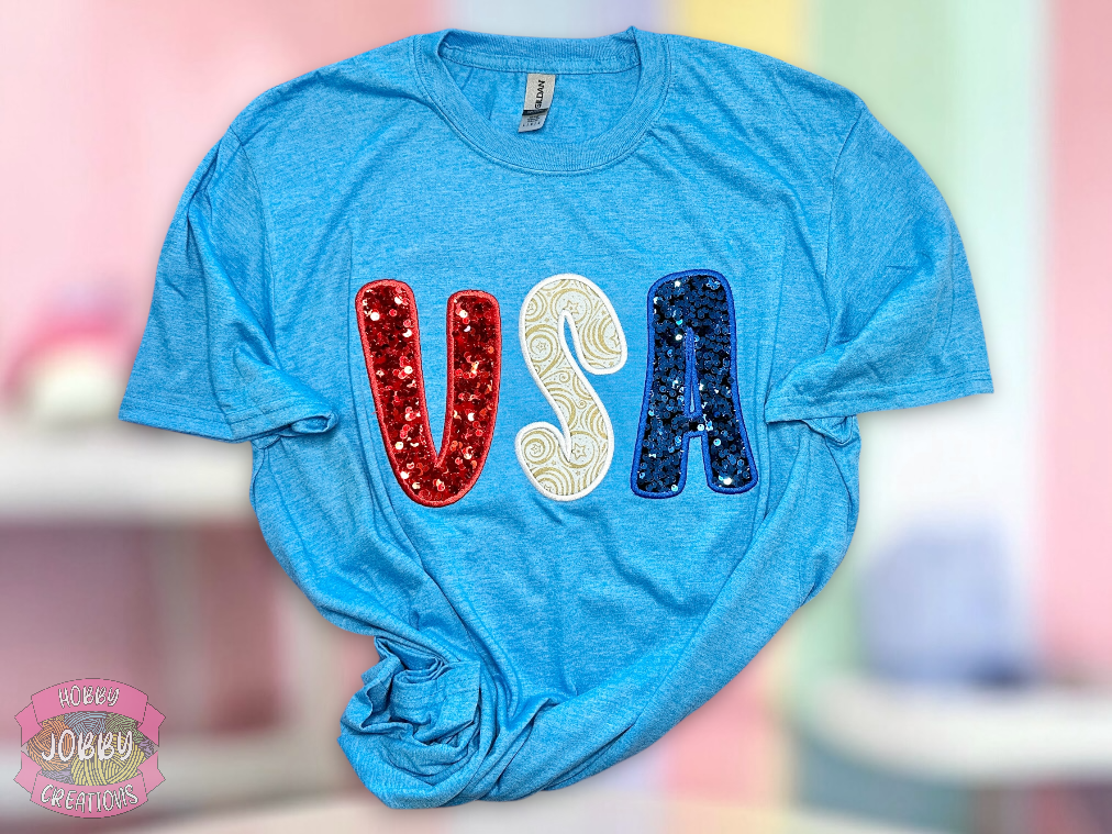 USA Sequin Applique Embroidered T-Shirt