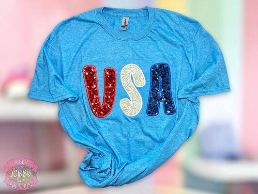 USA Sequin Applique Embroidered T-Shirt