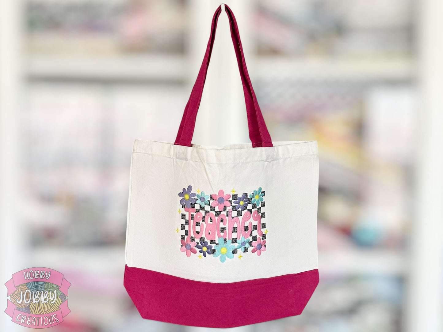 Checker Teacher Embroidered Canvas Tote Bag