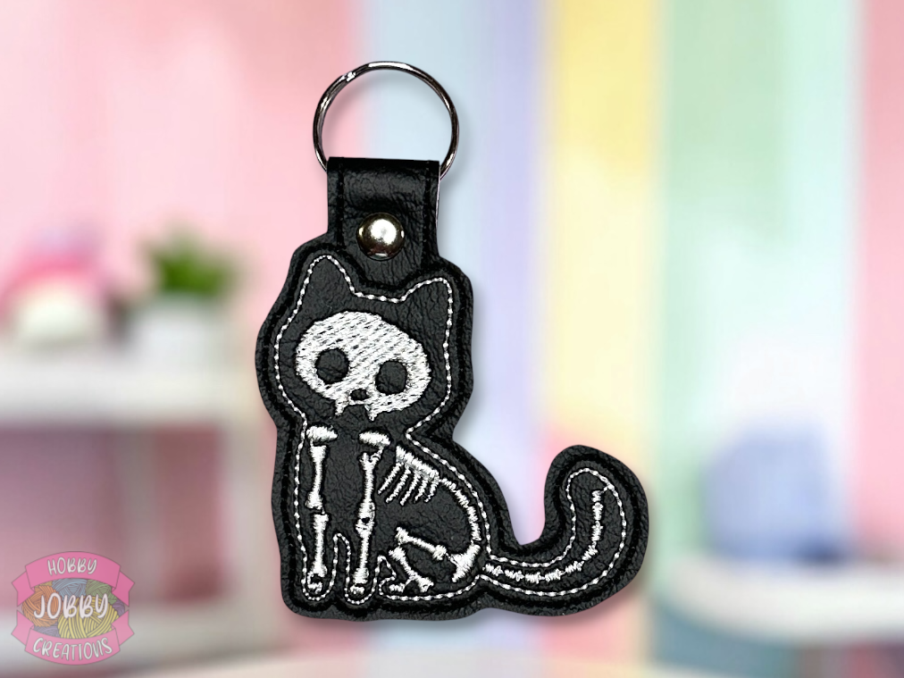 Skeleton Kitty Embroidered Keychain