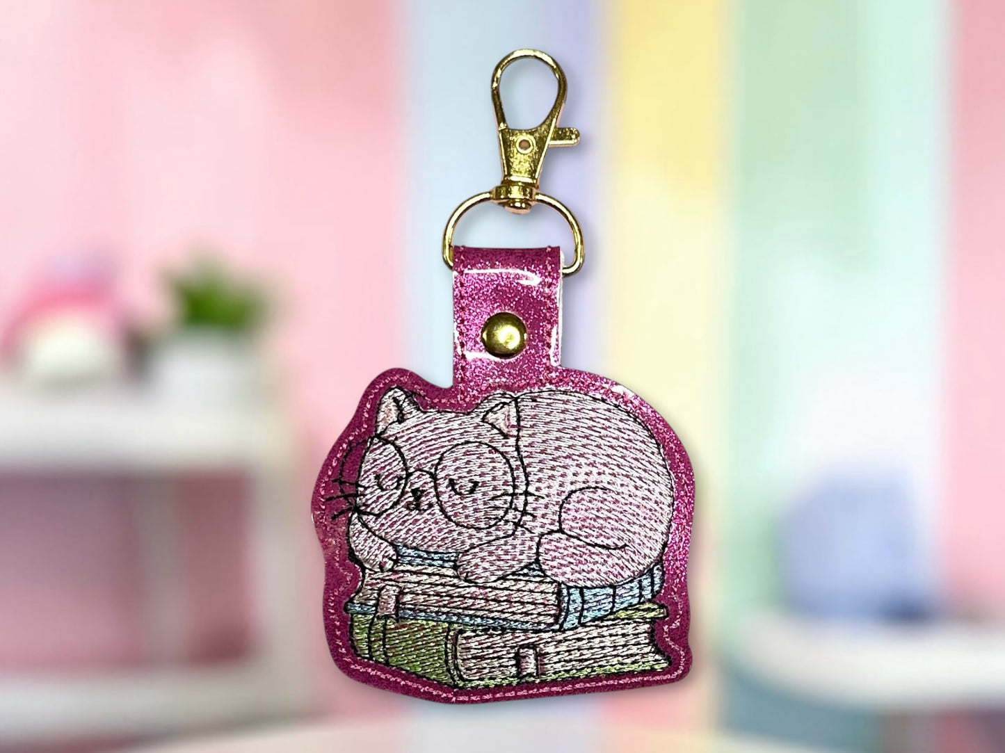 Bookish Cat Embroidered Keychain