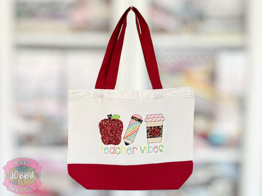 Teacher Vibes Embroidered Canvas Tote Bag