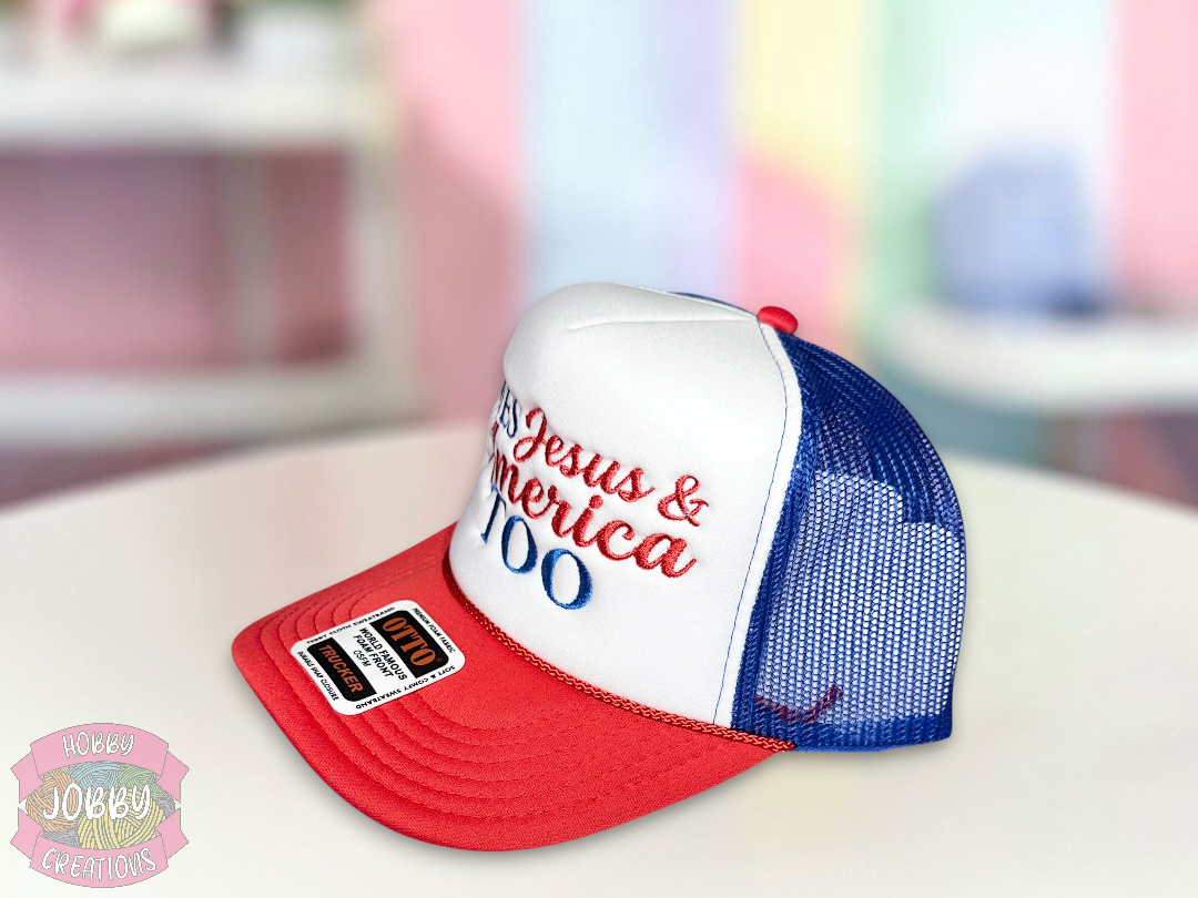 Loves Jesus and America Embroidered Foam Trucker Hat