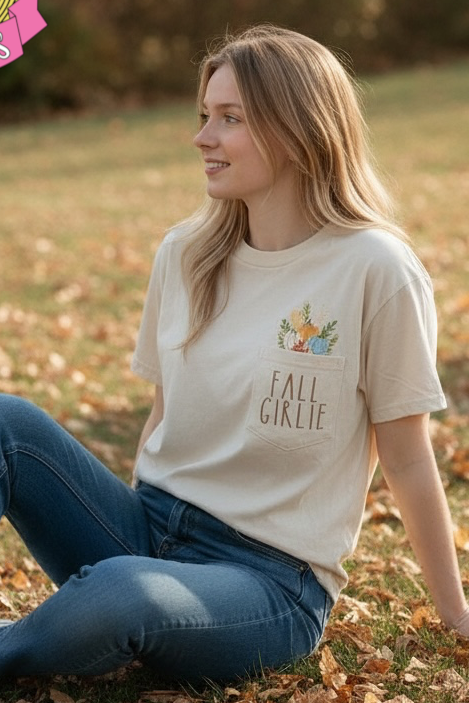 Fall Girlie Embroidered Pocket T-Shirt