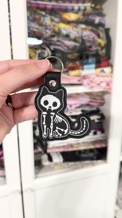 Skeleton Kitty Embroidered Keychain